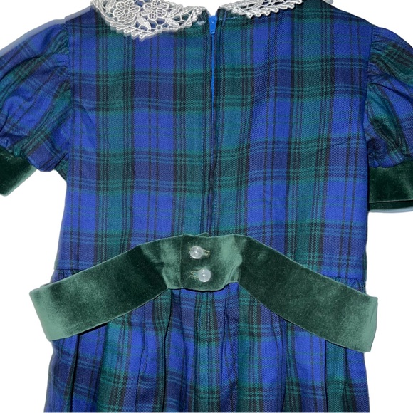 NWT Vintage Baby Girls Long Bubble Romper  Blue Green Plaid Eyelet Lace Ruffle 3 - Picture 4 of 5